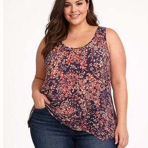 Woman Within Floral Tank Womens Size 24W Blue & Pink Ditsy Asymmetrical Top